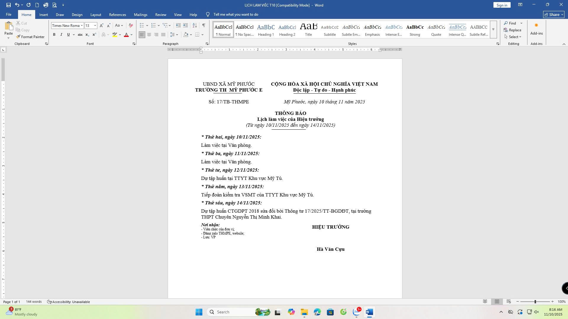 Lịch hiệu trưởng từ 10/11 đến 14/11/2025